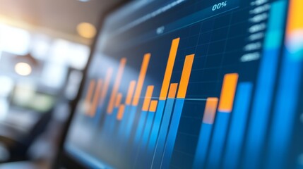 A close-up of a bar graph on a computer screen showing positive growth trends, with detailed data and a modern office background.