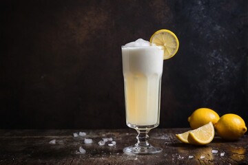 Gin fizz cocktail on a dark rustic background with copy space.