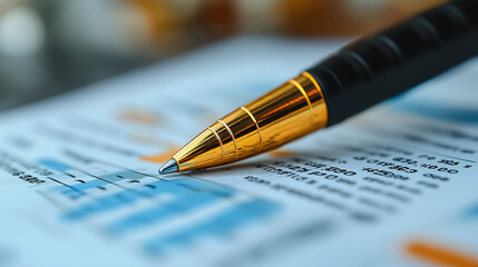 Poster - A pen is on a piece of paper with numbers and graphs. The pen is black and gold