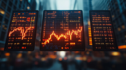 Poster - Three computer screens displaying stock market data. The screens are lit up with orange numbers and lines. Scene is intense and focused, as the viewer is likely to be interested in the stock market