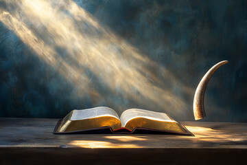 Canvas Print - Serene Rosh Hashanah Prayer with Shofar and Prayer Book  