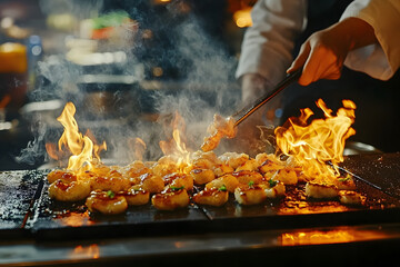 A skilled chef preparing a delicious teppanyaki meal on a sizzling grill.