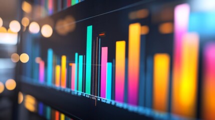 Fototapete - A close-up of a financial bar chart on a computer screen, showing different data categories with colorful bars, set in a modern office environment.