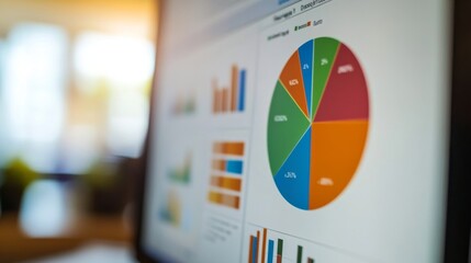 Wall Mural - A close-up of a financial pie chart displayed on a computer screen, with segments highlighting different data categories, set in a modern office environment.