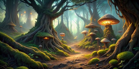 Mysterious, atmospheric twilight landscape with twisted, gnarled tree roots and eerie, glowing mushrooms growing in a