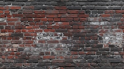 A textured brick wall featuring a mix of red and gray bricks, showcasing wear and age.