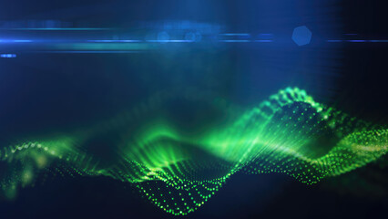 Poster - A green, glowing particle wave forms a dynamic curve, suggesting energy, sound, or data visualization on a dark background