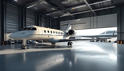 Wall Mural - Futuristic hangar showcasing a high-tech private jet with sleek design and modern architecture