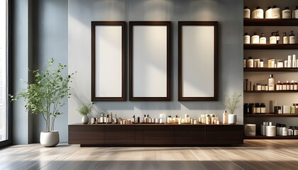 Wall Mural - Minimalist dark wooden picture frames reflecting natural light in a contemporary herbalist shop with a clean, modern aesthetic