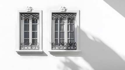 Wall Mural - White ornate window with decorative metal bars, exhibiting geometric patterns on a pure white wall, with sunlight casting subtle shadows in a minimalist architectural scene.