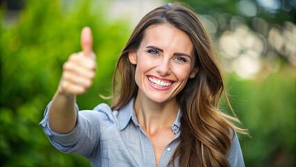 Joyful woman smiling and gesturing thumbs up while thinking about something positive