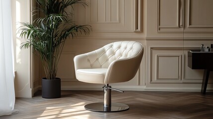 Modern white salon chair with tufted upholstery and chrome base in stylish interior.