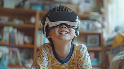 Show an Asian boy stretching out his arms while playing a virtual volleyball game, using VR to interact with the digital world from home
