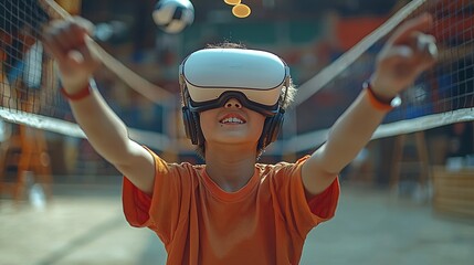 Show an Asian boy stretching out his arms while playing a virtual volleyball game, using VR to interact with the digital world from home