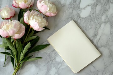 In this image, a peony flower and notebook are set against a marble background, symbolizing the business activities of women.