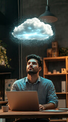 Poster - entrepreneur gazing at a luminous blue cloud while using his laptop late at night in the workplace