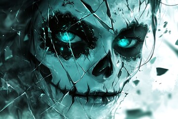 Poster - Broken Glass, Skull Face with Glowing Eyes.