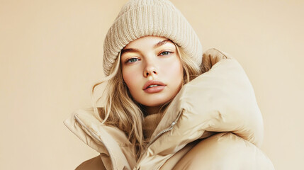 Blonde girl in stylish beige puffer and hat.