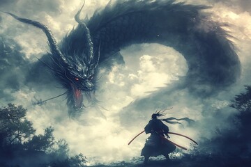 Samurai Facing a Furious Dragon in a Stormy Sky.