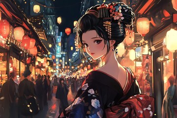 Sticker - Beautiful Woman in Traditional Japanese Kimono Walks Through a Lantern-Lit Street.