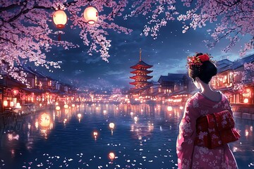 Canvas Print - Woman in Kimono Admires Nighttime View of Japanese City with Cherry Blossoms and Lanterns.