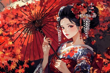 Poster - Beautiful Woman in a Red Kimono Holding a Traditional Japanese Umbrella Under a Canopy of Autumn Leaves.