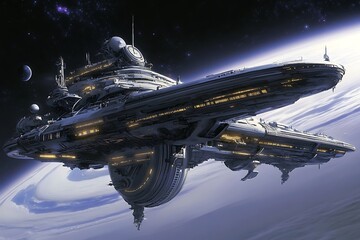 Wall Mural - Futuristic Spaceship Orbiting a Planet.