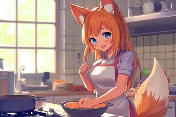 Poster - Anime Girl with Fox Ears Cooking in the Kitchen.