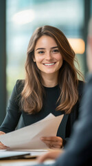 Poster - Young professional woman smiles as she holds documents in a business meeting