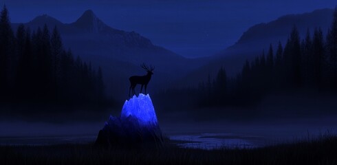 Wall Mural - in this abstract landscape with a neon blue light and a deer on top, there is a big moon, smog over 