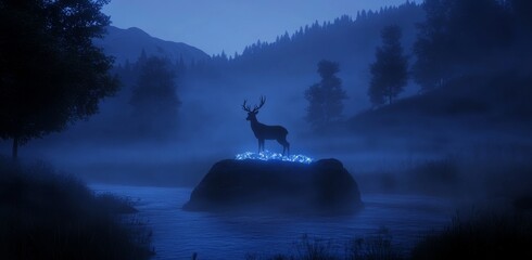 Wall Mural - featuring a futuristic abstract landscape with blue neon lights, a moon, and smog over the nighttime