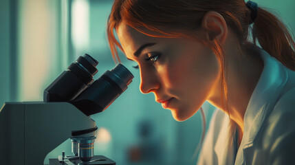 A confident female doctor is intently looking through microscope, showcasing her dedication to research and science. close up highlights her focus and determination in laboratory setting