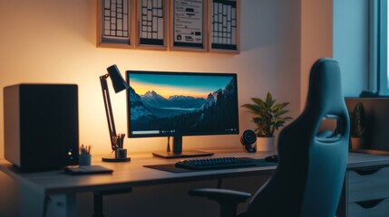 Poster - A desk with an ergonomic chair, a neatly arranged monitor, and a few motivational quotes on the wall behind, representing a comfortable and encouraging workspace.