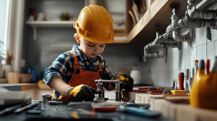 Boy in plumber gear changing a kitchen faucet, tools and pipes laid around, showcasing the dream job of a future professional.