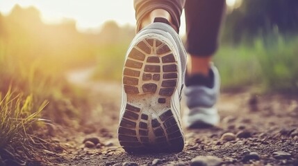 Close up on shoe, Runner athlete feet running on road under sunlight in the morning