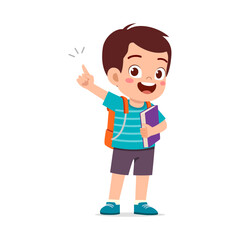 Poster - little kid showing pointing hand gesture and wearing backpack