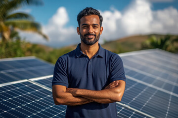 A confident man stands with crossed arms in front of solar panels, showcasing commitment to renewable energy. bright sky and lush background enhance positive atmosphere