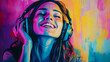 © Erika - una mujer sobre un fondo colorido en colores neon brillante escuchando musica y disfrutando con audifonos auriculares moda y tecnologia