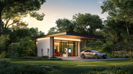 Wall Mural - Modern Solar-Powered Charging Station at Sunset. Clean Energy Concept. Eco-friendly Vehicle Support Facility. Sustainable Development