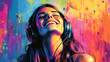 © Erika - una mujer feliz y contenta escuchando musica con sus audifonos auriculares disfrutando el momento sobre un fondo de pintura colorida