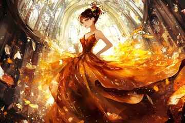 Sticker - Anime Girl in a Golden Gown, Illuminated by Sunlight Streaming Through a Cathedral.