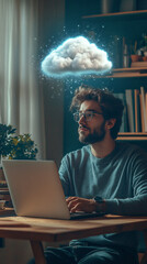 Aufkleber - Young man using laptop at home with cloud computing icon hovering above him