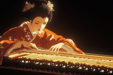 Wall Mural - Geisha playing the Koto, traditional Japanese musical instrument.