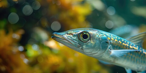 A vibrant underwater scene featuring a close-up of a colorful and detailed tropical fish swimming amidst blurred aquatic plants with a beautiful bokeh effect in the background