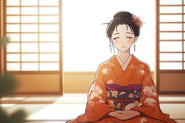 Sticker - Smiling Woman in Traditional Japanese Kimono Sitting in a Room With a Window.