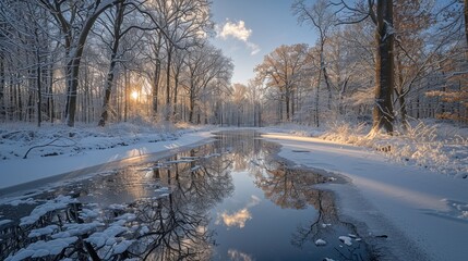 captivating winter morning scene of a serene forest with snow-covered trees and a calm reflective ri