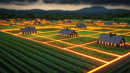 Aerial view of a countryside landscape with illuminated fields and homes, showcasing a serene rural lifestyle at dusk.