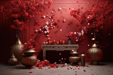 Poster - Chinese New Year style of celebration flower plant red.