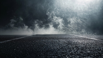 Wall Mural - black background of empty street, room, spotlight illuminates asphalt, smoke