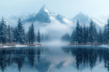 Wall Mural - serene winter landscape snowcovered pine forest misty mountain peaks soft pastel sky tranquil frozen lake reflection